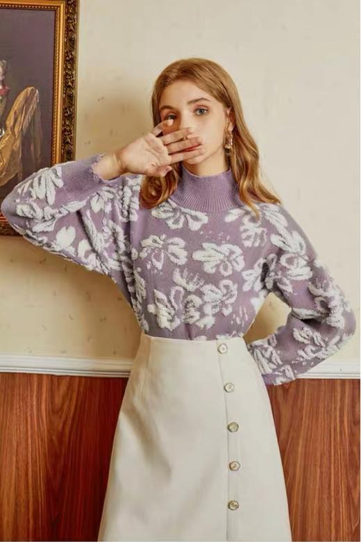 MEETLADY/米莱达 紫色图案花朵针织上衣 10729 商品图0