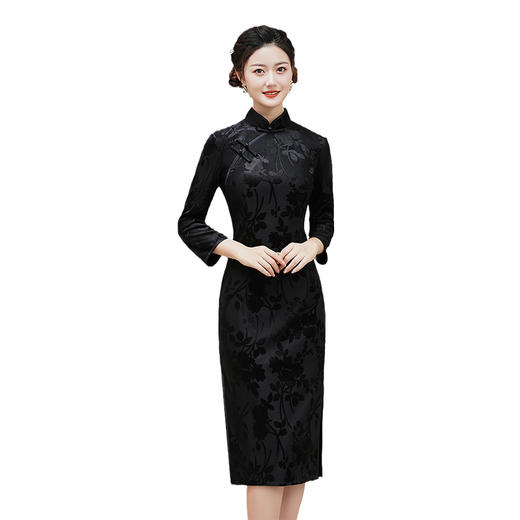 秋款丝绒提花旗袍改良版黑色妈妈装年轻款CJS70099 商品图4