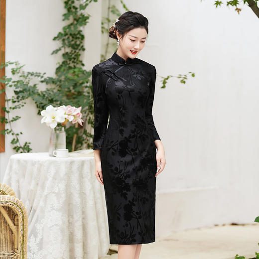 秋款丝绒提花旗袍改良版黑色妈妈装年轻款CJS70099 商品图1