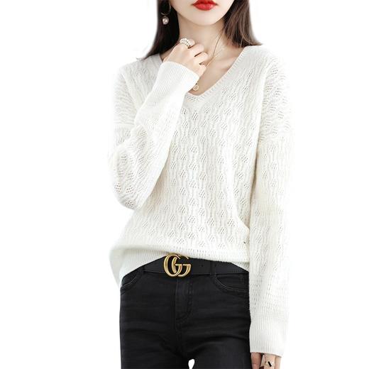 22冬季新款100羊毛镂空V领纯色百搭显瘦长袖内搭通勤套头休闲女QP-11-4-YM059 商品图4