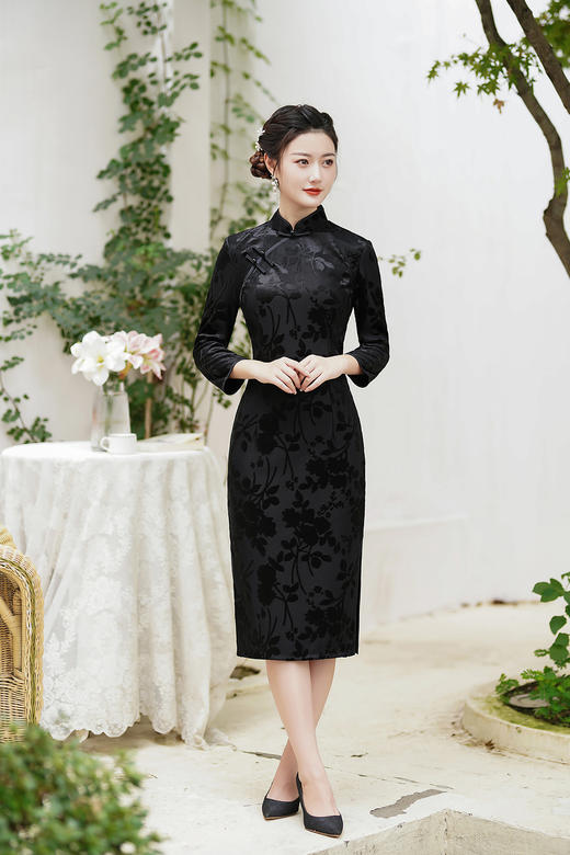 秋款丝绒提花旗袍改良版黑色妈妈装年轻款CJS70099 商品图3