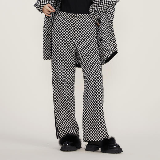谜底2022冬季新款高腰棋盘格阔腿长裤时髦宽松直筒裤女224MK1564 商品图3