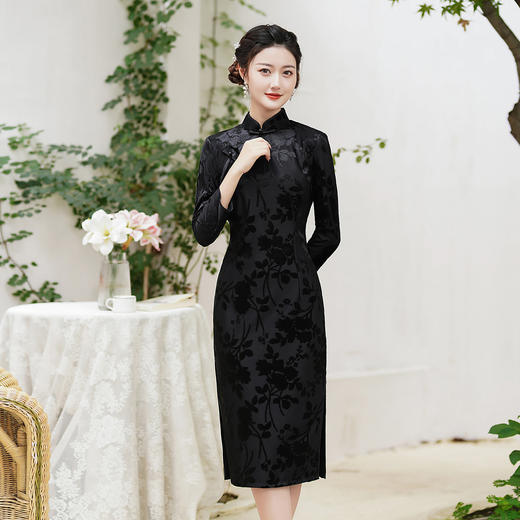 秋款丝绒提花旗袍改良版黑色妈妈装年轻款CJS70099 商品图0
