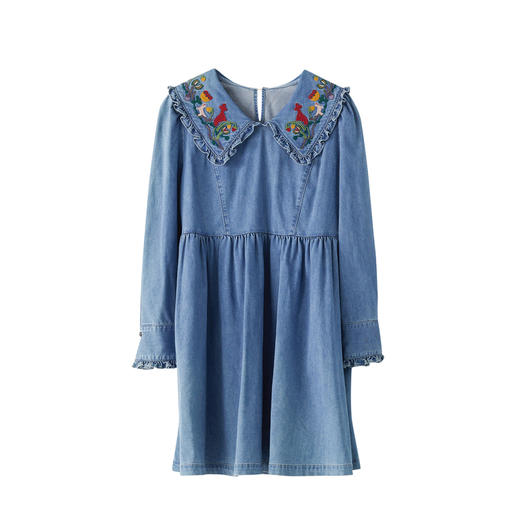 谜底2022冬新款复古文艺牛仔娃娃型连衣裙彼得潘领绣花224ML1716 商品图4