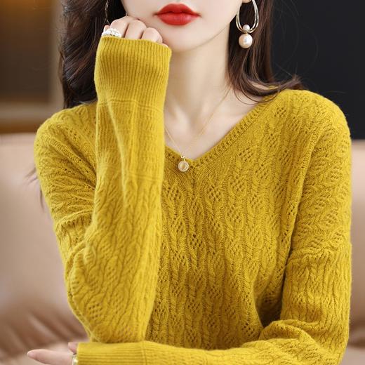 22冬季新款100羊毛镂空V领纯色百搭显瘦长袖内搭通勤套头休闲女QP-11-4-YM059 商品图2