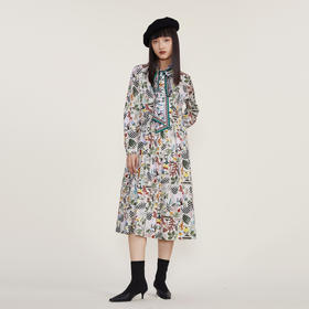 谜底2022冬季新款复古X型印花连衣裙系带蝴蝶结领长袖女224ML1672