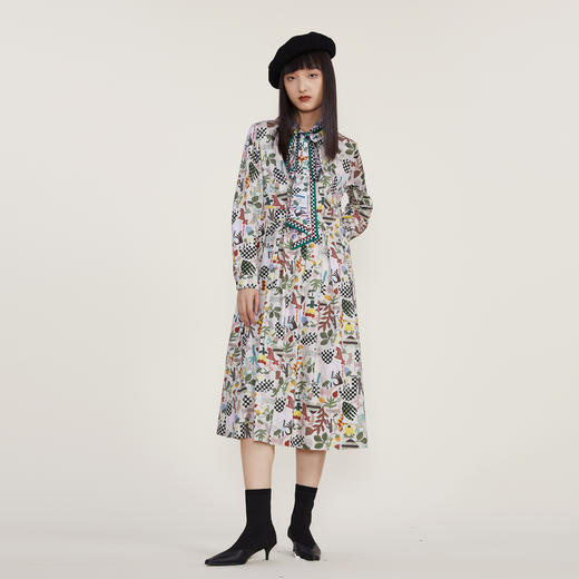 谜底2022冬季新款复古X型印花连衣裙系带蝴蝶结领长袖女224ML1672 商品图0
