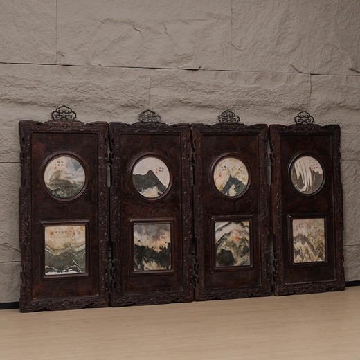 清 红木雕云纹框镶瘿木嵌云石天圆地方四条屏 商品图4