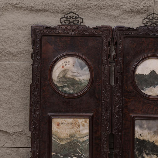 清 红木雕云纹框镶瘿木嵌云石天圆地方四条屏 商品图2