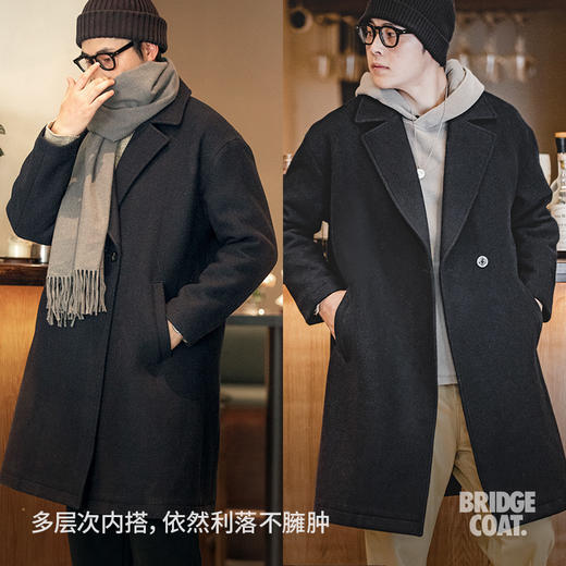 工装优选美式复古重磅羊毛呢子大衣黑色加厚宽松中长款外套男秋冬 商品图3