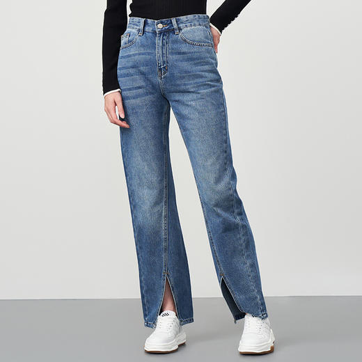 EITIE爱特爱秋季新款时尚通勤休闲显瘦高腰开叉百搭牛仔裤6705415 商品图1