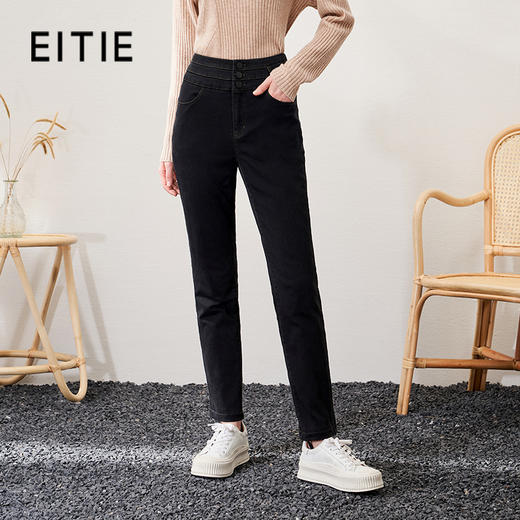 EITIE爱特爱高腰修身黑色简约保暖羽绒休闲裤通勤大方冬新款D2205005 商品图0