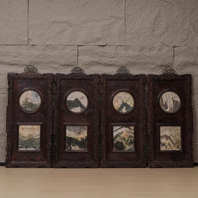 清 红木雕云纹框镶瘿木嵌云石天圆地方四条屏