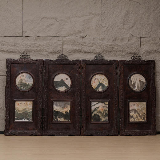 清 红木雕云纹框镶瘿木嵌云石天圆地方四条屏 商品图0