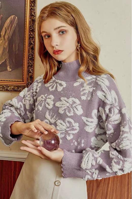 MEETLADY/米莱达 紫色图案花朵针织上衣 10729 商品图3