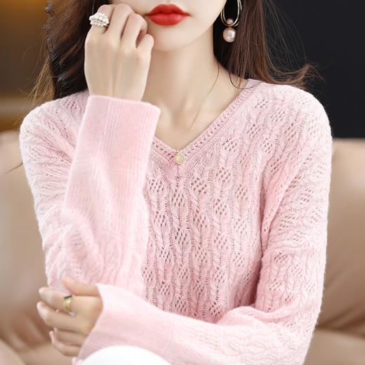 22冬季新款100羊毛镂空V领纯色百搭显瘦长袖内搭通勤套头休闲女QP-11-4-YM059 商品图3