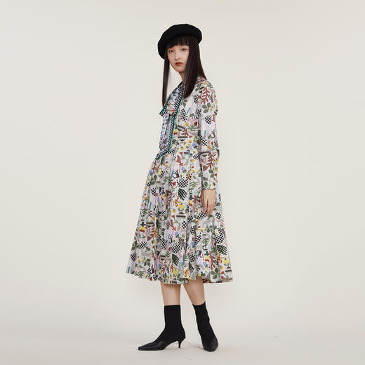 谜底2022冬季新款复古X型印花连衣裙系带蝴蝶结领长袖女224ML1672 商品图1