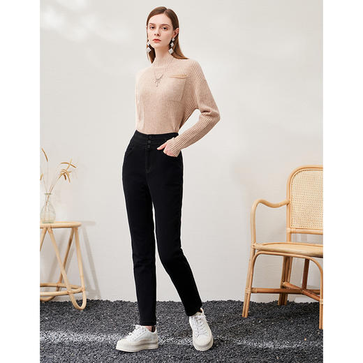 EITIE爱特爱高腰修身黑色简约保暖羽绒休闲裤通勤大方冬新款D2205005 商品图1