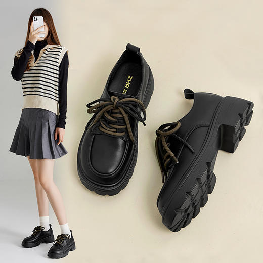 ZHR乐福鞋女2023春秋新款复古英伦风厚底小皮鞋百搭系带单鞋 商品图0