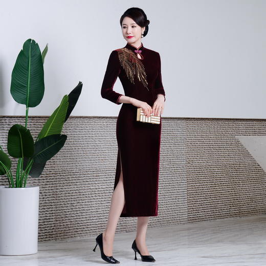 改良丝绒旗袍长款长袖喜婆婆婚敬酒服HYX7652 商品图2