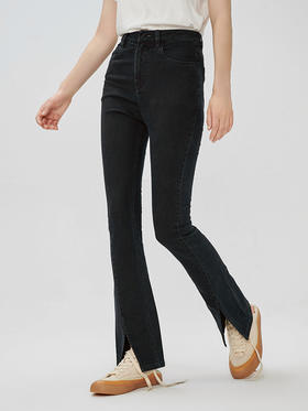 Self Who2022秋款前开叉弹力高腰显瘦微喇紧身黑色拖地牛仔长裤