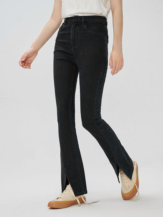 Self Who2022秋款前开叉弹力高腰显瘦微喇紧身黑色拖地牛仔长裤 商品图0