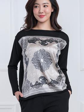 5F 住利安时尚拼接羊毛桑蚕丝印花打底衫