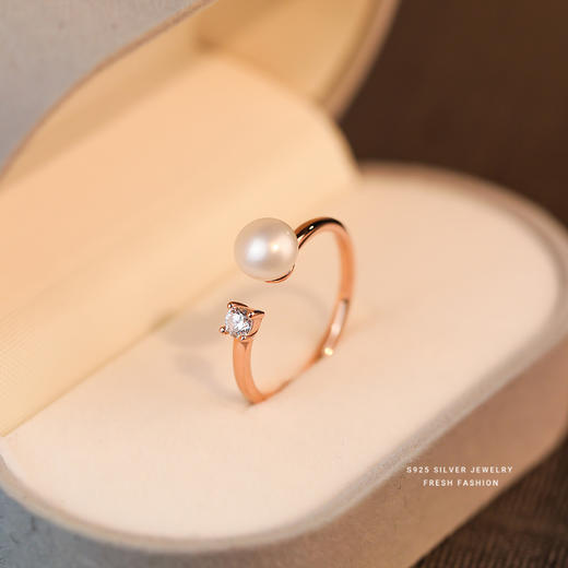 【水瑶】S925银天然珍珠闪钻几何面包珠开口戒指【YXS-	K1276】 商品图3