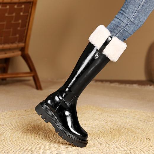 圆头粗跟纯色亮皮时装靴侧拉链金属装饰舒适百搭高筒靴JJ-172-A2211 商品图4