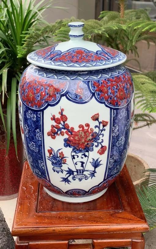 柴窑原矿釉里红开窗博古四宝茶饼罐 商品图0