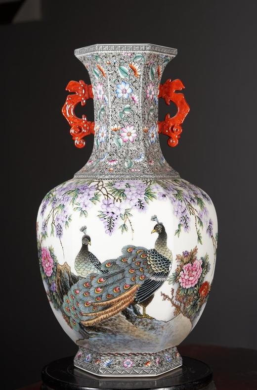 屏开富贵六方双耳瓶 商品图0