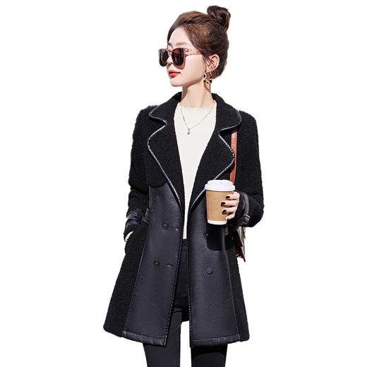 HRWW890039中长皮衣外套女2022冬季拼色加绒加厚皮毛一体宽松皮衣女外套上衣 商品图4