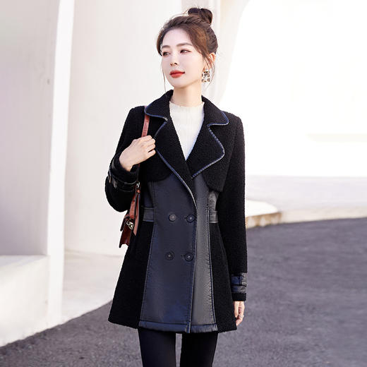 HRWW890039中长皮衣外套女2022冬季拼色加绒加厚皮毛一体宽松皮衣女外套上衣 商品图0