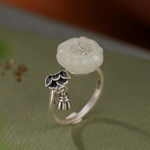 S925纯银景泰蓝和田白玉梅花莲蓬复古开口戒指CW 商品图0