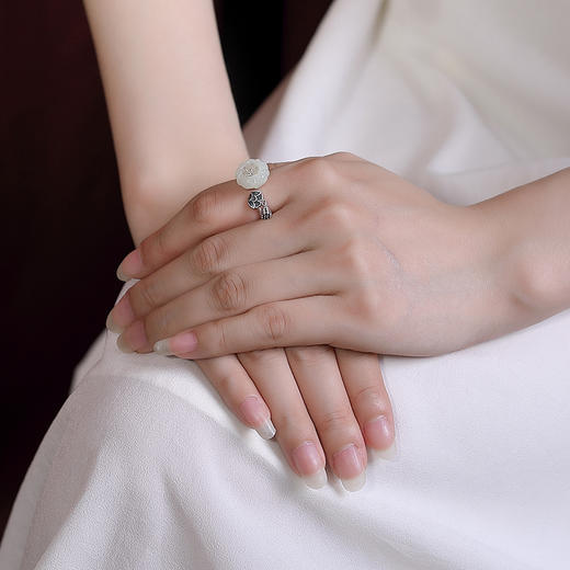 S925纯银景泰蓝和田白玉梅花莲蓬复古开口戒指CW 商品图3