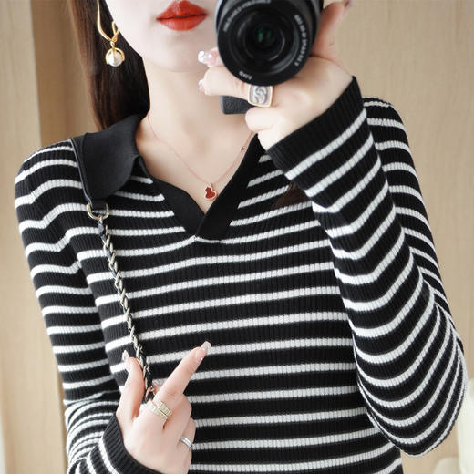 QHJY-JYPL2273   polo领针织衫衬衣女修身显瘦毛衣套头短款长袖外搭打底衫精纺羊毛 商品图0