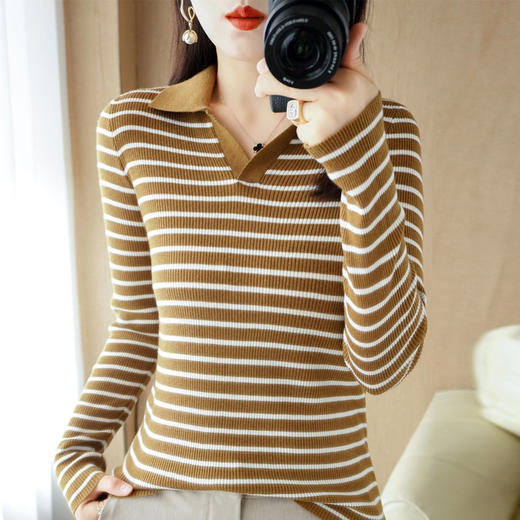 QHJY-JYPL2273   polo领针织衫衬衣女修身显瘦毛衣套头短款长袖外搭打底衫精纺羊毛 商品图3