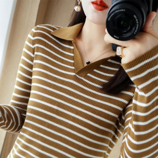 QHJY-JYPL2273   polo领针织衫衬衣女修身显瘦毛衣套头短款长袖外搭打底衫精纺羊毛 商品图1