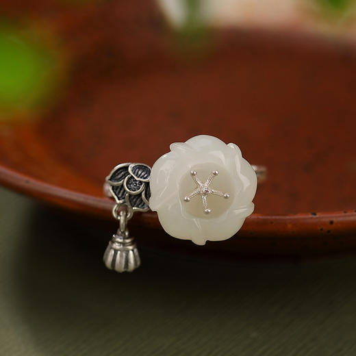 S925纯银景泰蓝和田白玉梅花莲蓬复古开口戒指CW 商品图1
