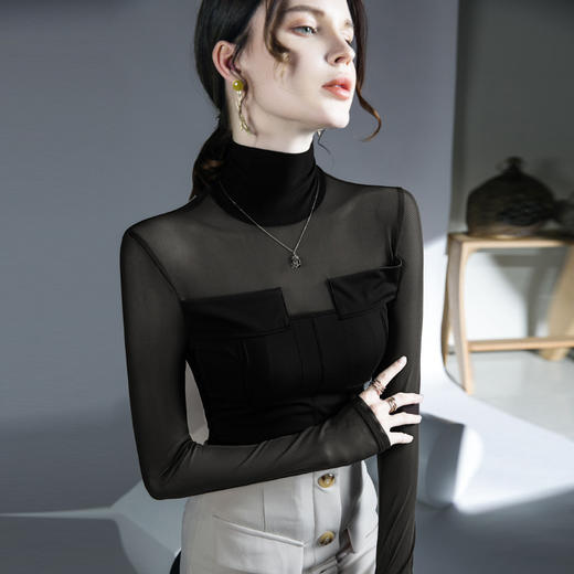 FS F20223975网纱微透拼接上衣内搭洋气打底衫 商品图2