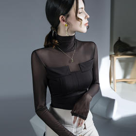 FS F20223975网纱微透拼接上衣内搭洋气打底衫