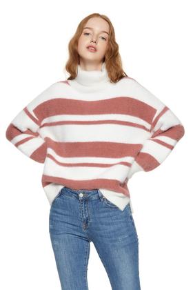 SUMMER & SAGE 拼色条纹卷边高领毛衣 8121