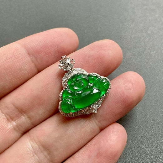 玻璃种阳绿翡翠弥勒佛18k白金钻石镶嵌 商品图6