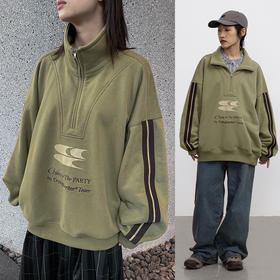 CryingCenter 含蓄的灰拉链高领卫衣 宽松LOGO运动卫衣 哭喊中心