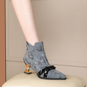 蝴蝶结花皮短靴，高跟粗跟尖头单靴裸靴大码女靴PLGZ-D86-6