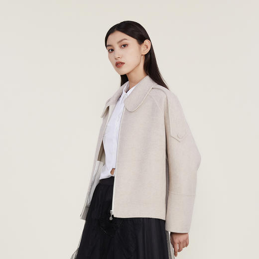 谜底22冬季新款羊毛呢大衣女翻领设计感短款双面呢外套224MD1704 商品图1