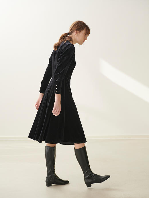 HeyDress法式复古丝绒连衣裙女优雅镂空高腰显瘦设计小黑裙子 商品图2