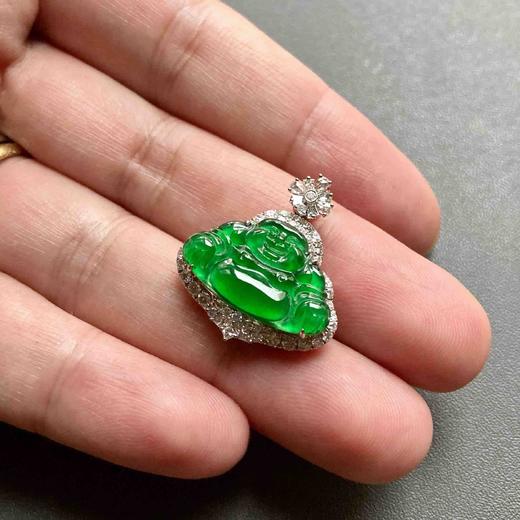 玻璃种阳绿翡翠弥勒佛18k白金钻石镶嵌 商品图8