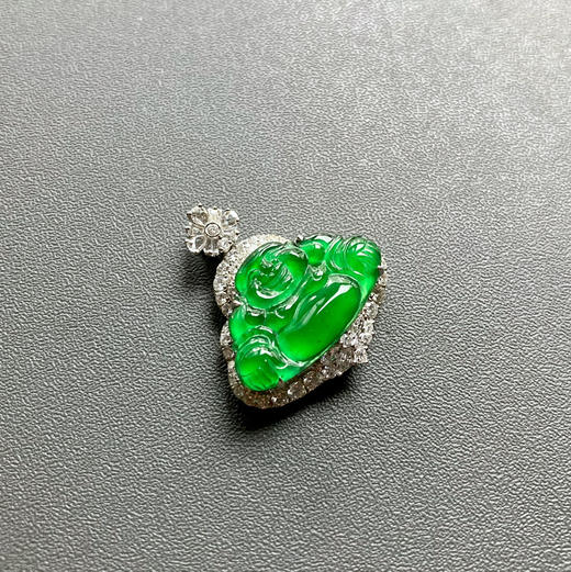 玻璃种阳绿翡翠弥勒佛18k白金钻石镶嵌 商品图3