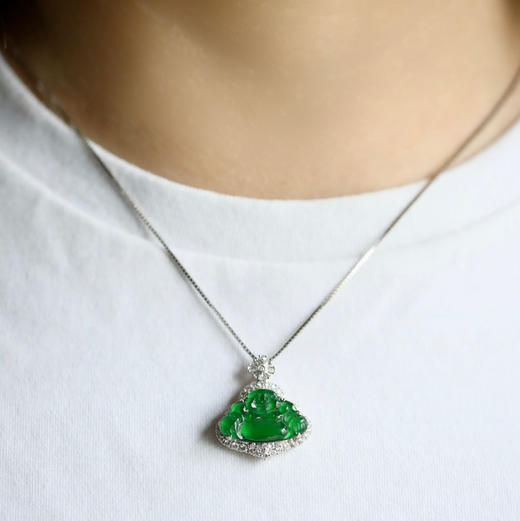 玻璃种阳绿翡翠弥勒佛18k白金钻石镶嵌 商品图9